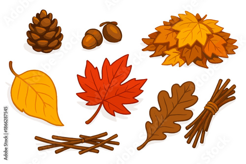 Vibrant Autumn Icons. Isometric vector illustration set Autumn Leaf Pile: curled yellow leaf, crimson maple cluster, brown oak