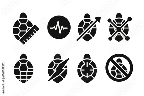Protective Shell Analytics Icons. Solid style icons of protective shell analytics: carapace icon, ruler overlay, pulse circle,