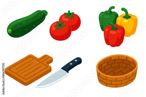 Chef's Harvest Icons. Isometric vector illustration set Chef's Harvest Palette: zucchini, tomatoes, colorful peppers, wooden