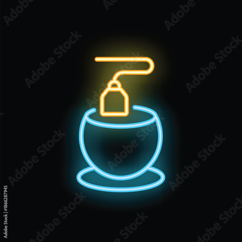 Blue and yellow neon sign of a teacup with a teabag, shining on a black background