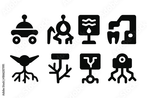 Robotic Mapping Icons. Solid style icons of a robotic nerve-mouth mapper: autonomous terrain scanner, bio-flow mapping robot,