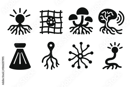 Glowing Mycelium Network. Solid style icons of a light-based mycelium sound mapper: glowing root map, lightwave resonance grid,