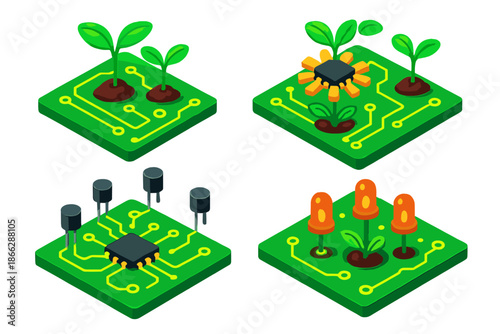 Circuit Board Garden. Isometric vector illustration set Circuit Board Garden: green PCB base, luminous traces, sprouting seedlings