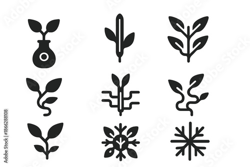 Noble Gas Plant Systems. Solid style icons of noble gas plant systems: xenon vessel, argon tube, neon vein, glowing stem circuit,