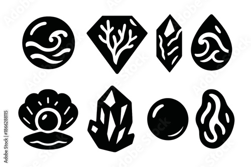 Marine Crystal Icons. Solid style icons of marine crystal art: oceanic gem sphere, coral-cut diamond, plankton prism, wave-carved