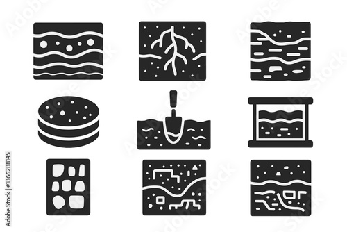 Ancient Earth Layers. Solid style icons of ancient layer study: stratigraphic cross-section, fossilized root line, buried rock