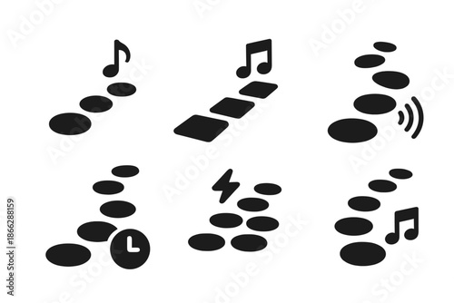 Rhythmic Stepping Stones. Solid style icons of a rhythmic stepping stone: sequential rock pads, musical path blocks, echo pulse