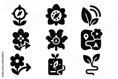 Floral Navigation Icons. Solid style icons of bio-navigation flora: plant compass stem, pollen current reader, luminous leaf