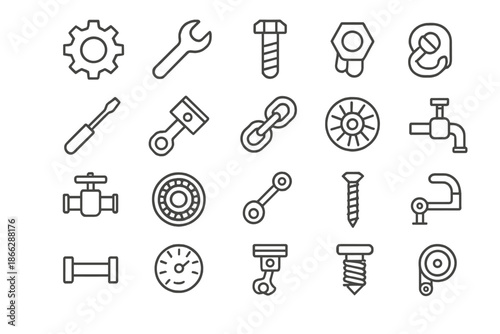Mechanical Line Icons. Line style icons of mechanical cogs: gear wheel, wrench, bolt, nut, screwdriver, piston, chain, turbine,