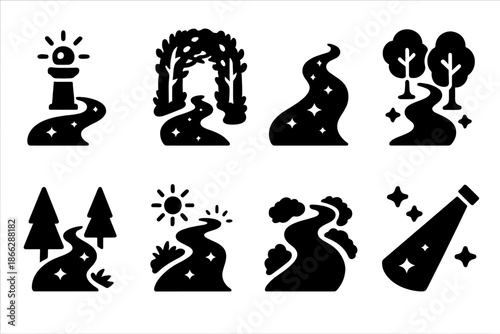 Enchanted Light Paths Icons. Solid style icons of enchanted light paths: glowing trail beacon, luminous canopy tunnel, radiant