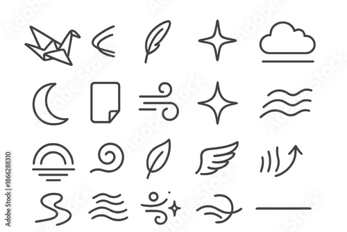 Iconic Poetic Flight Elements. Line style icons of poetic flight: paper crane, feather, jetstream, star, cloud, horizon line, moon