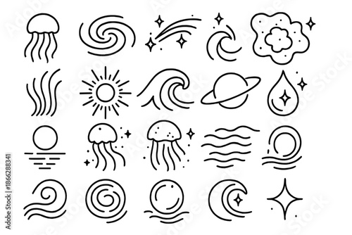 Ocean-Cosmos Icon Fusion. Line style icons of ocean and cosmos fusion: jellyfish, galaxy swirl, star trail, nebula, floating