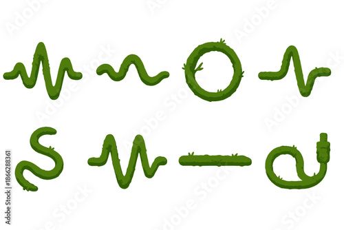 Mossy Sound Line Icons. Solid style icons of a moss-covered voice line: green sound thread, lichen-wrapped resonance line, organic