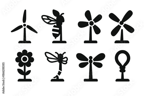 Aerodynamic Bio-Generators Icons. Solid style icons of aerodynamic bio-generators: flight energy rotor, bee-wing turbine,