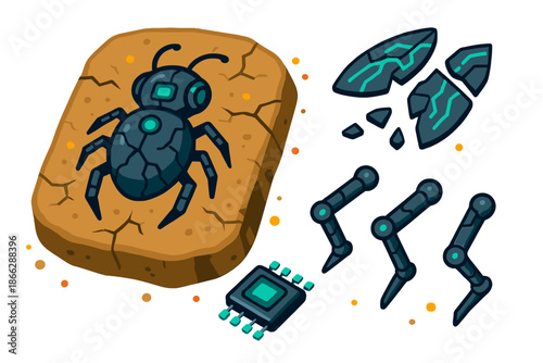 Robotic Insect Fossil. Isometric vector illustration set Fossilized Future Artifact: robotic insect fossil, shattered wings,