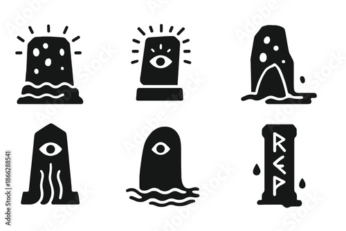 Prophetic Monument Icons. Solid style icons of a monument that predicts through osmosis: porous prophecy monument, glowing