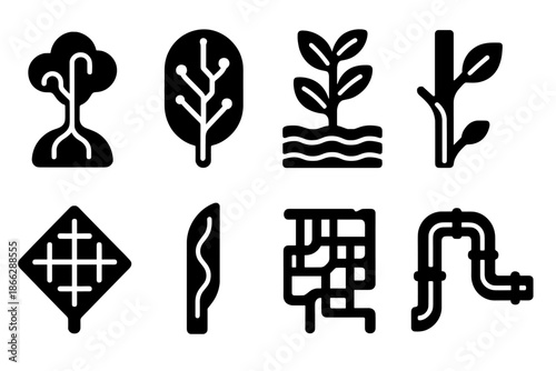 Luminous Desert Vascularity. Solid style icons of a luminous desert plant transport system: glowing moisture vein, desert neon