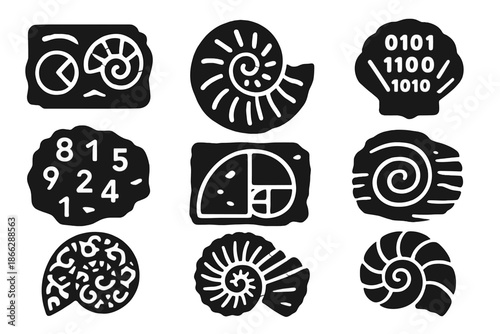 Fossil Art Geometry. Solid style icons of biomathematical fossil art: organic ratio carving, spiral fossil geometry, bio-coded