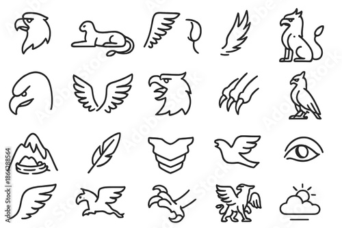 Griffin Iconography. Line style icons of shadow and mystery: dark corridor, glowing eye, creeping figure, flickering torch, hidden