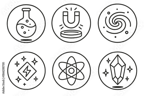 Enchanted Physics Icons. Line style circular vector icons of enchanted physics: gravity-defying flask, levitating magnet with glow