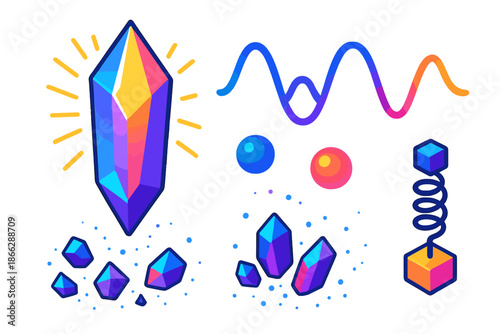 Vibrant Crystal Resonance. Isometric vector illustration set Resonant Frequency Crystal: radiant crystal shard, oscillating wave