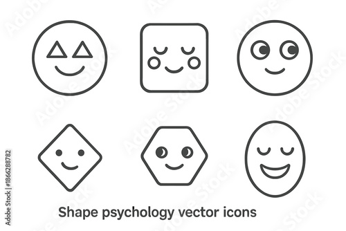 Shape Psychology Icons. Line style circular vector icons of shape psychology: triangle eyes happy, square cheeks shy, circle eyes