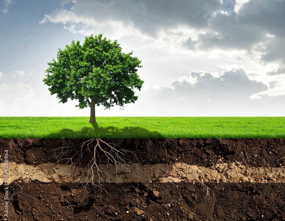 custom made wallpaper toronto digitalCross-section shows tree with roots, soil layers, grass, and sky