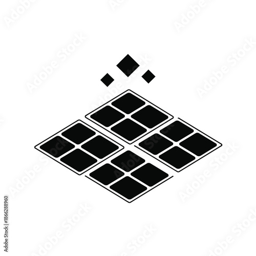Vector illustration icon black solar panel icon with three small squares emitting from top on isolated for energy concepts