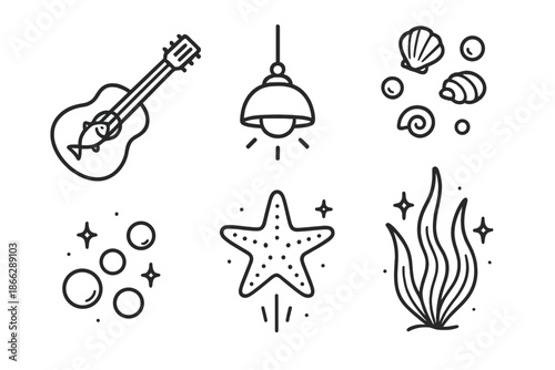 Aquatic Music Icons. Line style icons of Aquatic Tunes: guitar with fish along strings, glowing ocean light, floating shells,