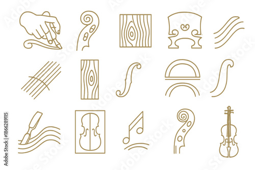 Artisan Violin Craftsmanship. Line style icons of craftsmanship and tradition: violin maker’s hand, carved scroll, grain pattern,