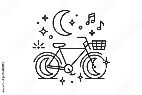 Moonlit Bicycle Icons. Line style icons of Moonlight Cycling: bicycle with crescent moon pedals, glowing musical notes, floating