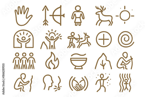 Icons of Human Legacy. Line style icons of human legacy: handprint on stone, hunter’s mark, carved figure, animal spirit, painted