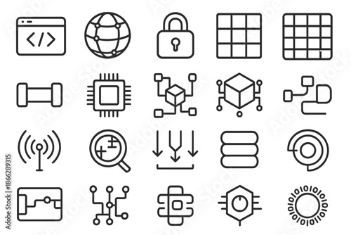 Cyber Framework Icons. Line style icons of Cyber Frameworks: code layer, virtual mesh, security lock, data grid, network pipe,