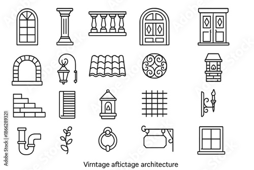 Vintage Architectural Icons. Line style icons of Vintage Architecture: arched window, stone column, balcony rail, carved door,