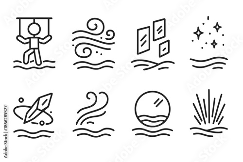 Line Style Sand Reflection. Line style icons of Sand Reflection: puppet, swirling sand, floating mirrors, glowing dust, orbiting