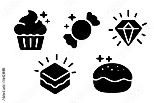 Sweet Fantasy Icons. Solid style icons of sweet fantasy objects in : cupcake, glowing candy, prism treat, radiant confection,