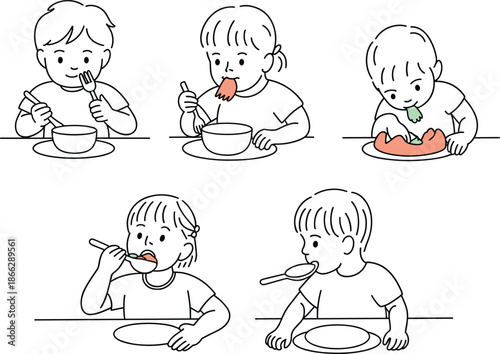 Children eating with utensils at table, diverse cartoon illustration of table manners, learning moments with forks, spoons, plates, and bowls