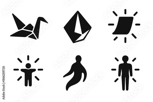 Floating Artistic Icons. Solid style icons of floating artistic elements in : origami, prism paper, glowing sheet, radiant figure,