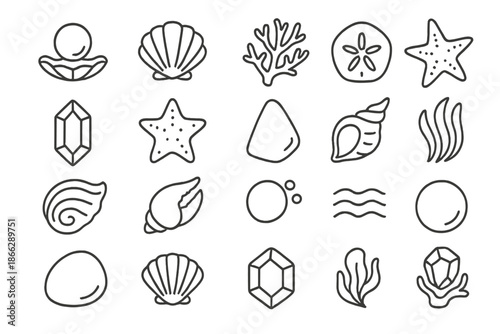 Sea Treasures Icons. Line style icons of Sea Treasures: pearl, clam shell, coral branch, sand dollar, gemstone, starfish, sea