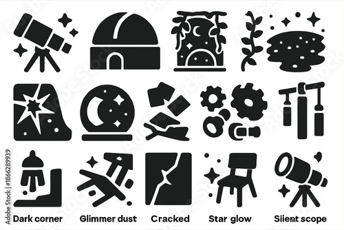 Cosmic Observatory Ruins. Solid style icons of Lost cosmic observatory: ancient telescope, broken dome, celestial mural, overgrown