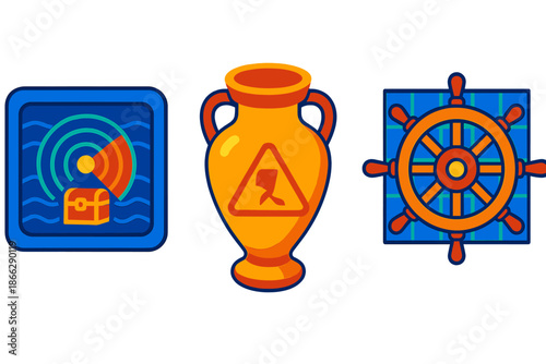 Nautical Archaeologist Icons. Isometric vector illustration set Nautical Archaeologist's Log: sonar ping revealing a chest icon,