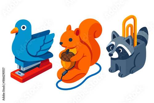 Urban Wildlife Office Icons. Isometric vector illustration set Urban Wildlife as Office Tools: pigeon stapler with wings, squirrel
