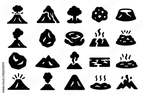Volcanic Eruption Icons. Solid style icons of Volcano Landscape: erupting volcano, lava flow, ash cloud, molten rock, crater rim,