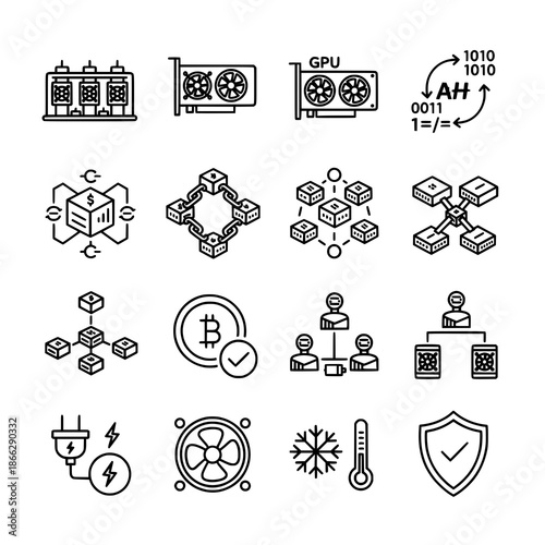 Cryptocurrency mining outline icon set vector for blockchain systems