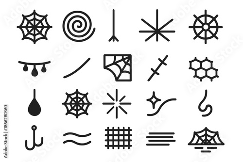 Web Structure Icons. Solid style icons of Web Structure: orb web, spiral web, radial thread, anchor line, center hub, dewdrop