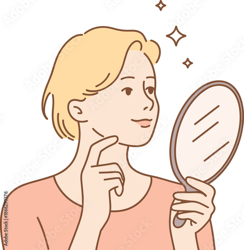 Person in peach top holding mirror with hand on chin, sparkles, self-reflection moment, calm gesture, contemplation, self-awareness theme
