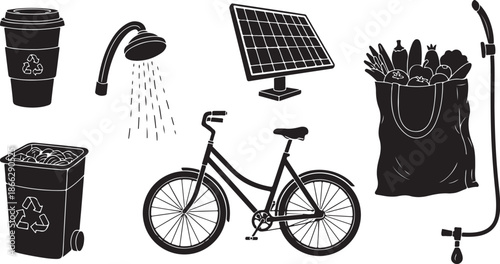 Eco friendly lifestyle icons for sustainable living and environment