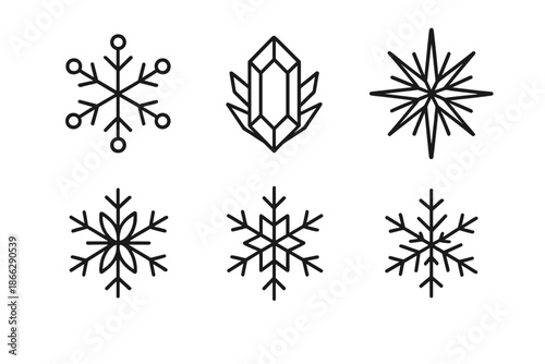 Winter Pattern Icons. Line style icons of Winter Patterns: icy star, frozen crystal, pointed flake, cool shape, crisp form, frosty