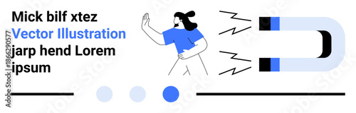 Person drawn toward a large magnet emitting lines of force, symbolizing attraction and connection. Ideal for marketing, lead generation, customer retention, sales strategies, business growth