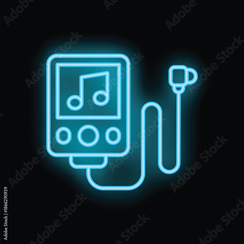 Blue neon icon of a portable music player with earphones glowing on dark background